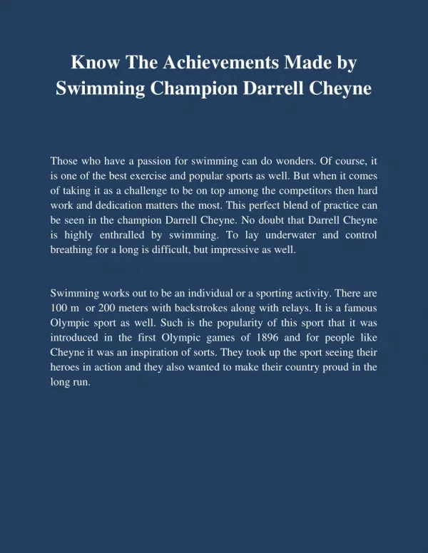 Know The Achievements Made by Swimming Champion Darrell Cheyne