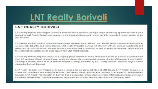 LNT Realty Borivali Budget Price Housing Project