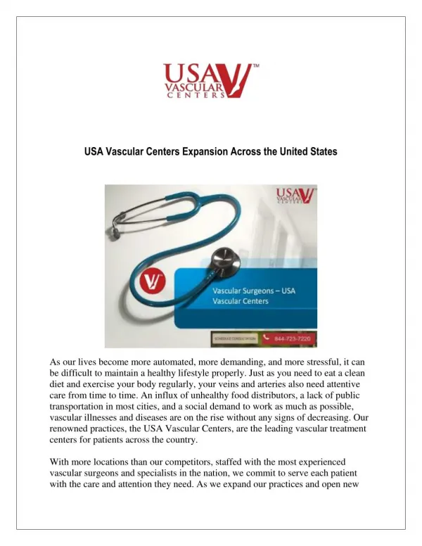 USA Vascular Centers Expansion Across the United States