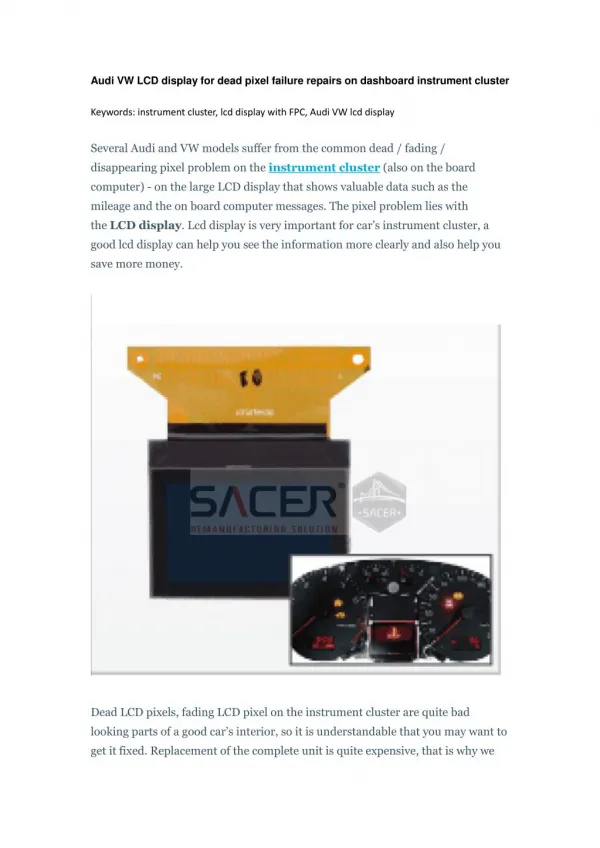 Audi VW LCD display for dead pixel failure repairs on dashboard instrument cluster