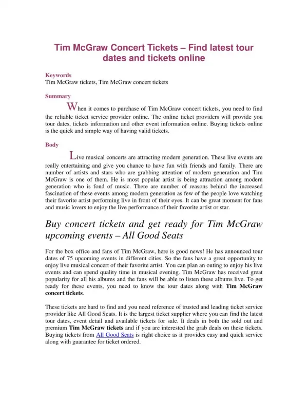 Tim McGraw Concert Tickets – Find latest tour dates and tickets online