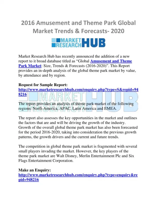 Amusement and Theme Park Global Market Trends & Forecasts- 2020