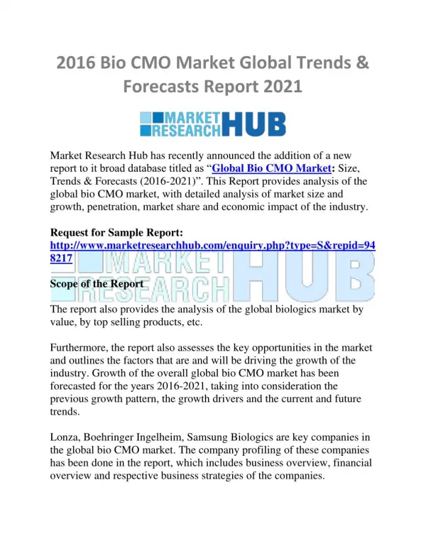 Bio CMO Market Global Trends & Forecasts Report 2021
