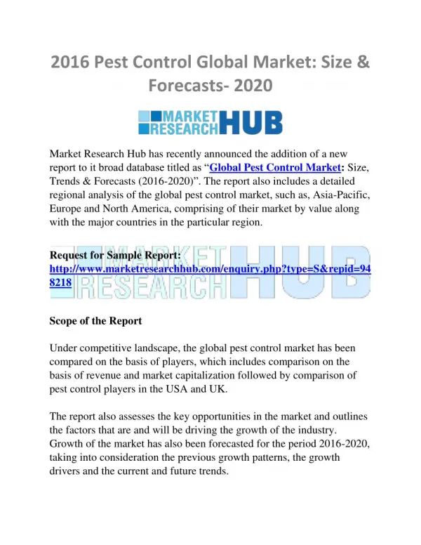 Pest Control Global Market: Size & Forecasts- 2020