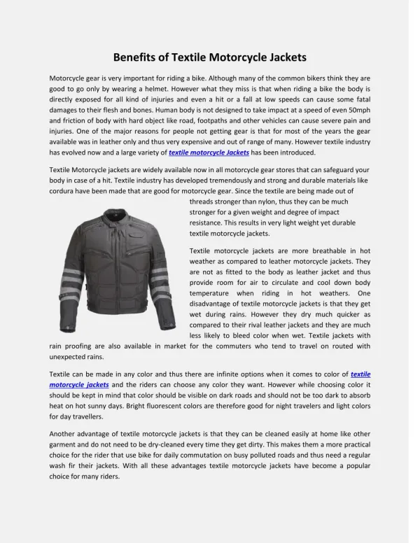 Benefits of Textile Motorcycle Jackets