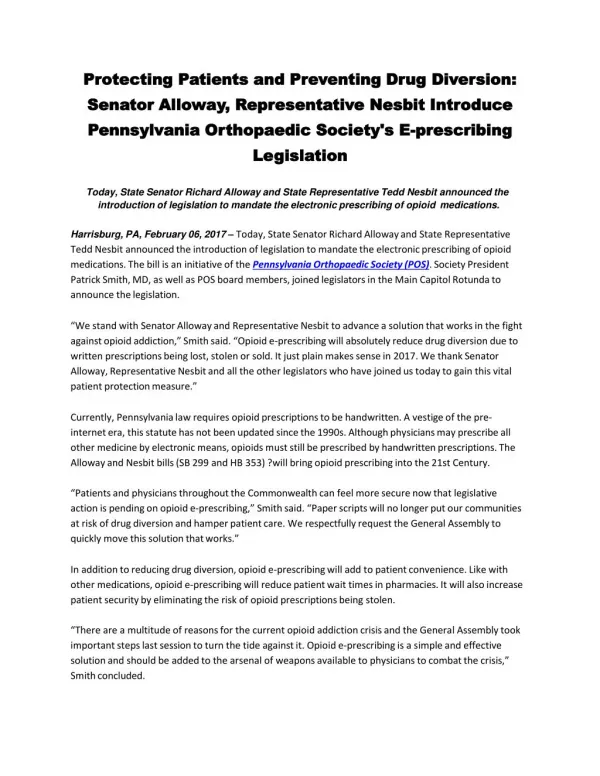 Protecting Patients and Preventing Drug Diversion: Senator Alloway, Representative Nesbit Introduce Pennsylvania Orthopa