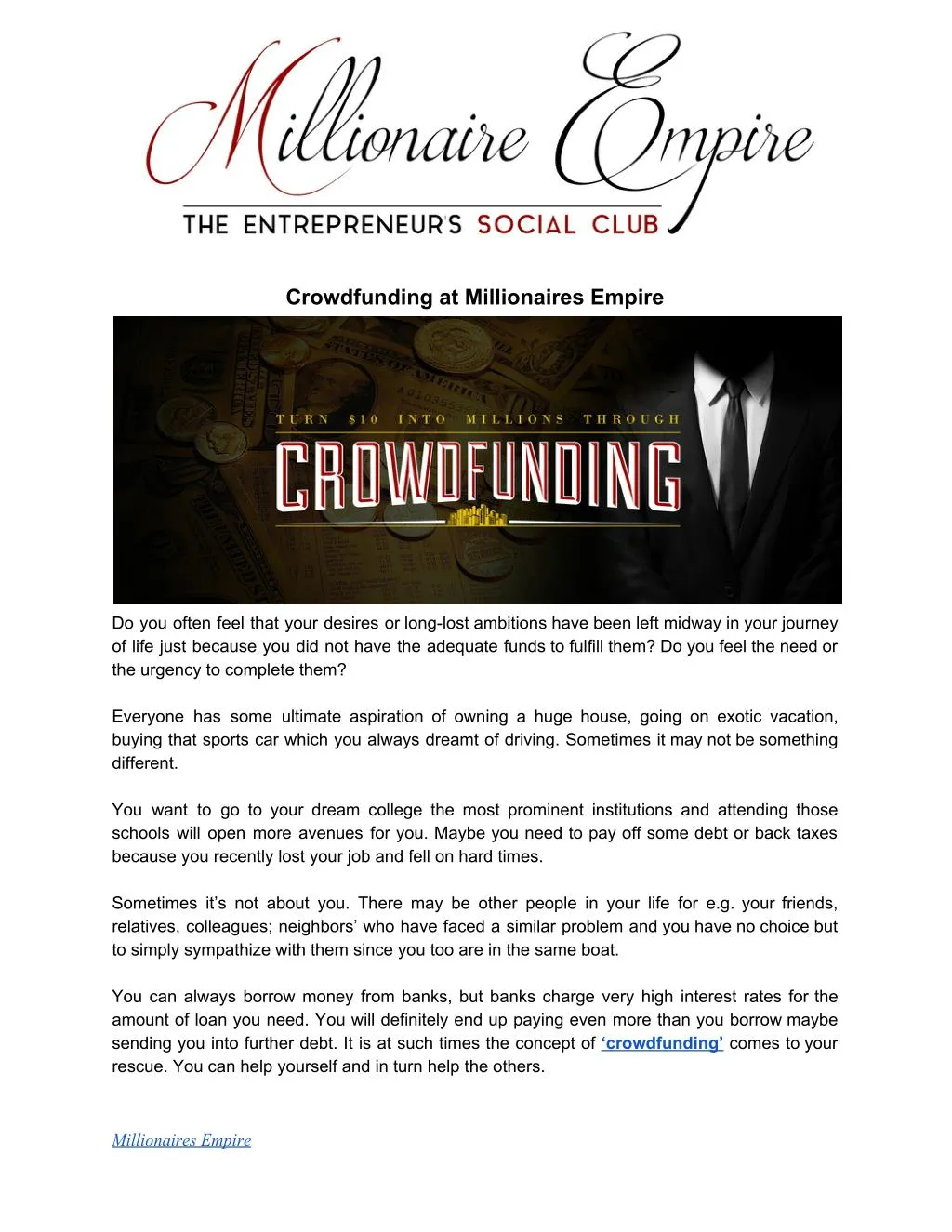 crowdfunding at millionaires empire