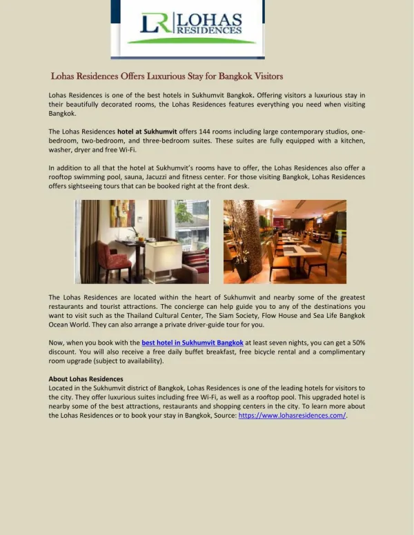 Lohas Residences Offers Luxurious Stay for Bangkok Visitors