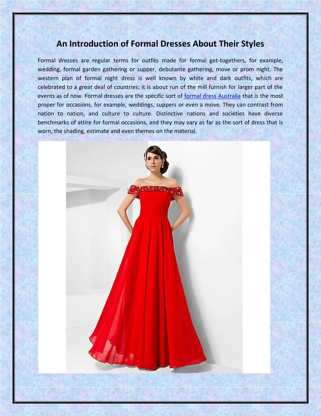 an introduction of formal dresses about their