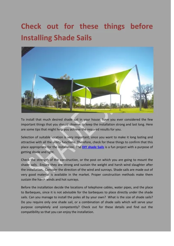 Check out for these things before Installing Shade Sails