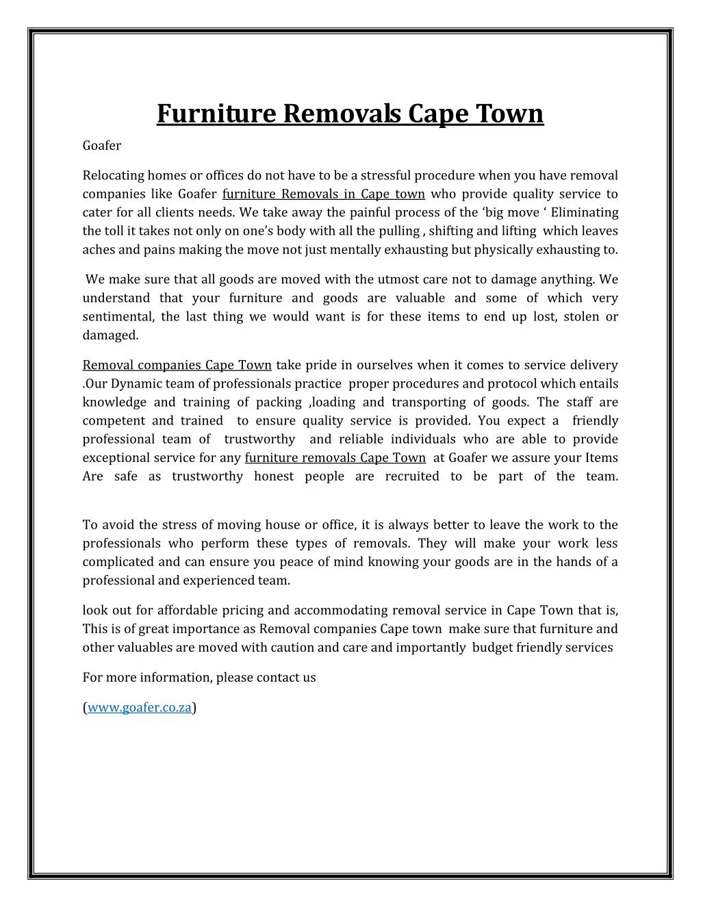 furniture removals cape town