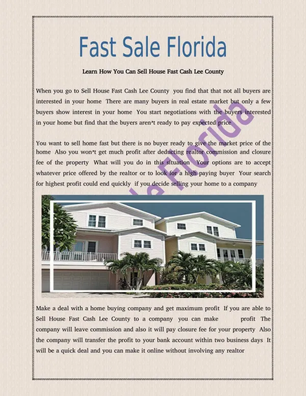 Tips of Sell House Fast Cash Lee County