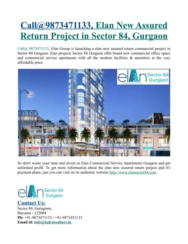 Call@9873471133, Elan Assured Return Project Sector 84 Gurgaon