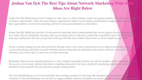 Joshua Van Dyk Find Success in Network Marketing with These Great Tips