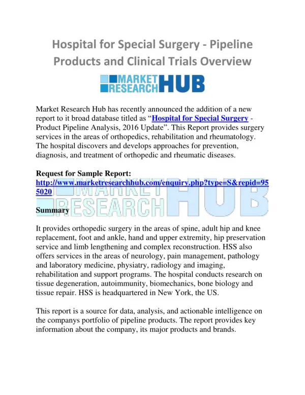 Hospital for Special Surgery - Pipeline Products and Clinical Trials Overview