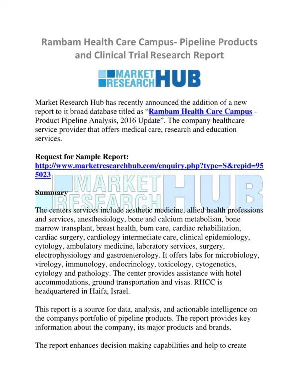 Rambam Health Care Campus- Pipeline Products and Clinical Trial Research Report