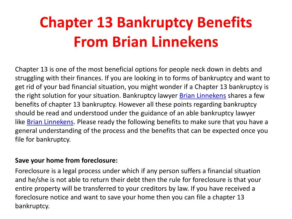 chapter 13 bankruptcy benefits from brian linnekens