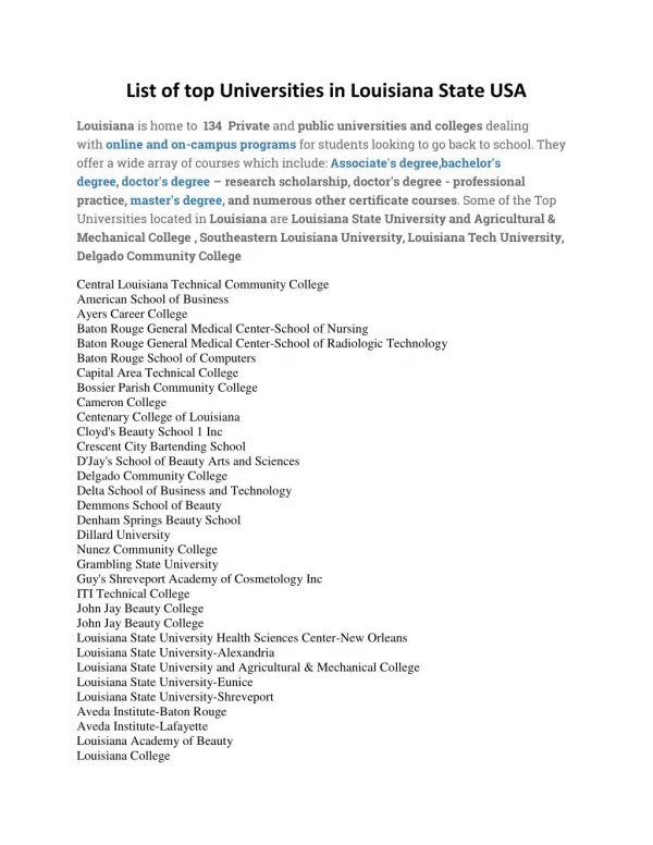 List of top Universities in Louisiana State USA