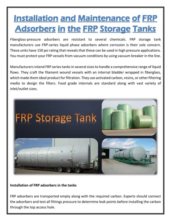 Installation and Maintenance of FRP Adsorbers in the FRP Storage Tanks