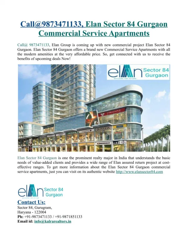 Call@9873471133, Elan Sector 84 Gurgaon Commercial Service Apartments