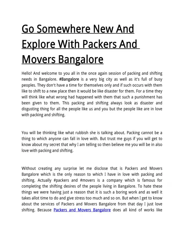 Go Somewhere New And Explore With Packers And Movers Bangalore