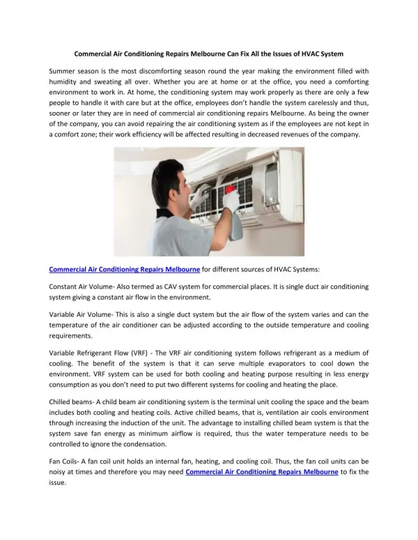Commercial Air Conditioning Repairs Melbourne Can Fix All the Issues of HVAC System