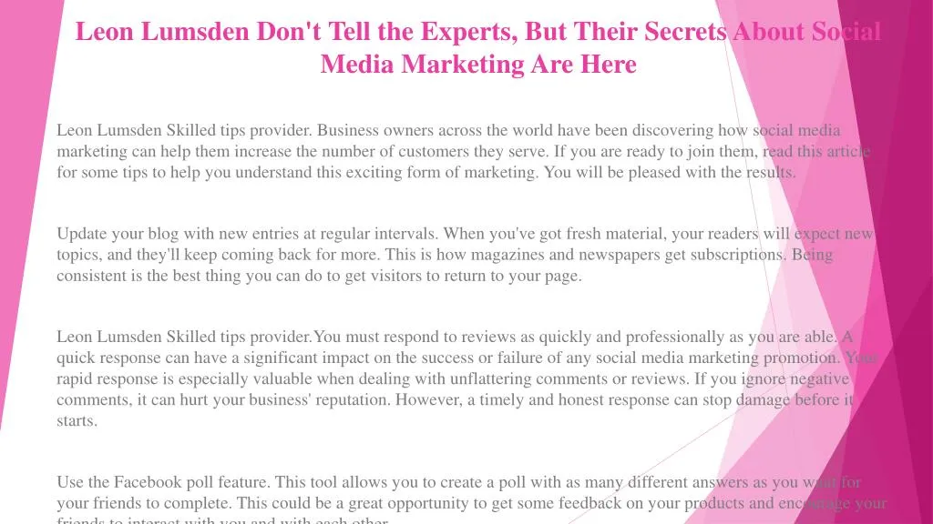 leon lumsden don t tell the experts but their secrets about social media marketing are here