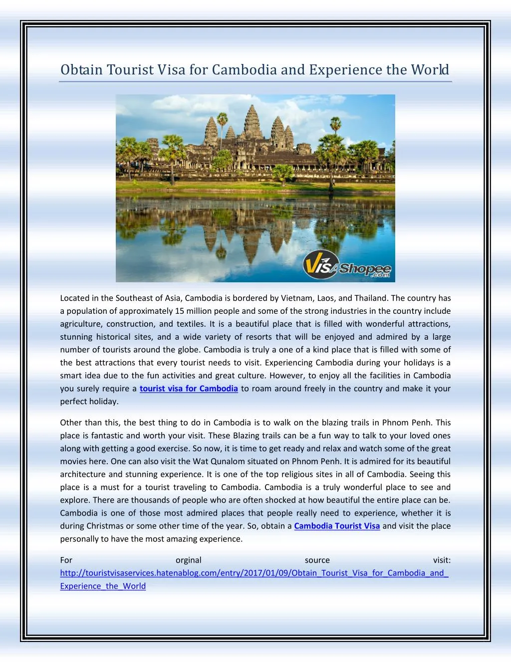 obtain tourist visa for cambodia and experience