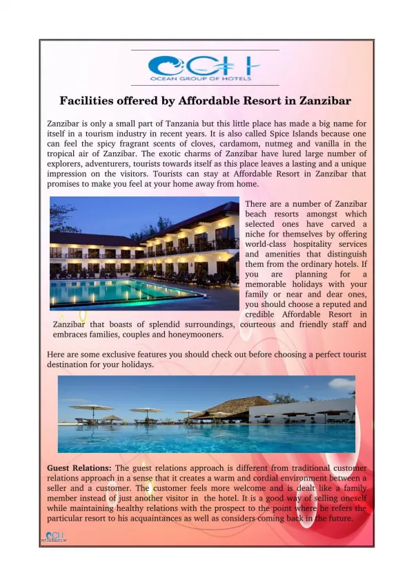 Facilities offered by Affordable Resort in Zanzibar
