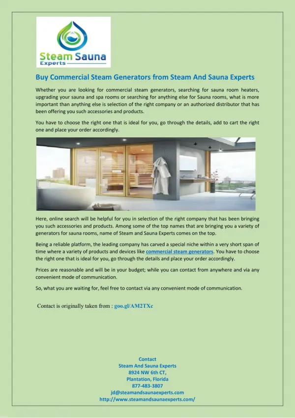 Buy Commercial Steam Generators from Steam And Sauna Experts