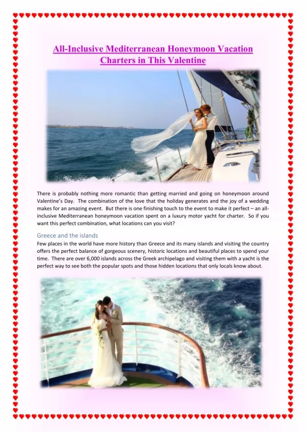 All-Inclusive Mediterranean Honeymoon Vacation Charters in This Valentine