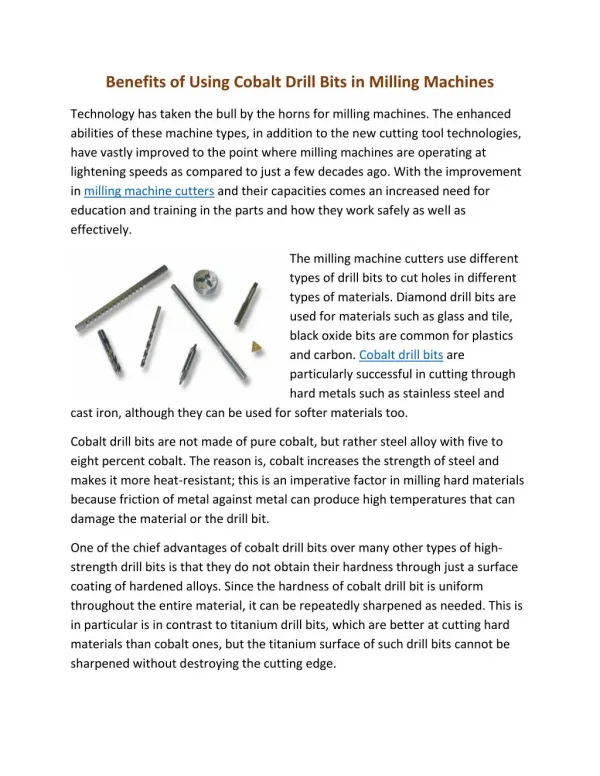 Benefits of Using Cobalt Drill Bits in Milling Machines