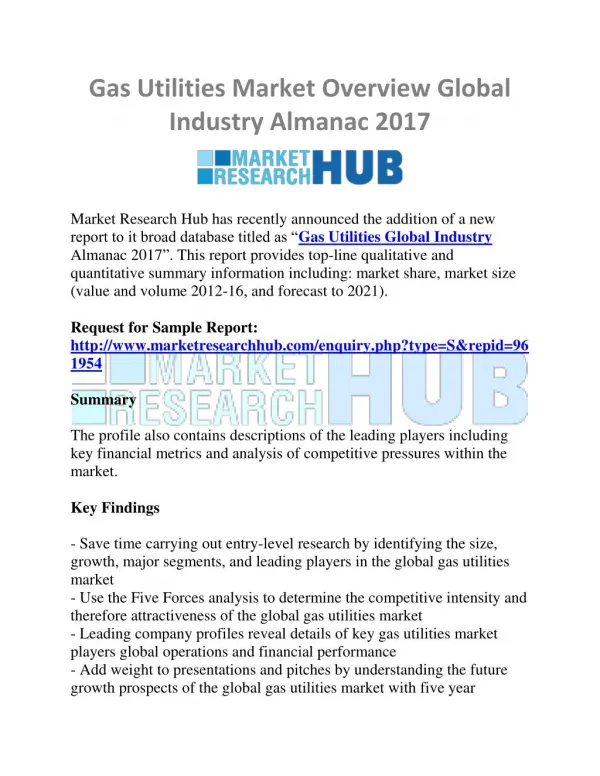 Gas Utilities Market Overview Global Industry Almanac 2017