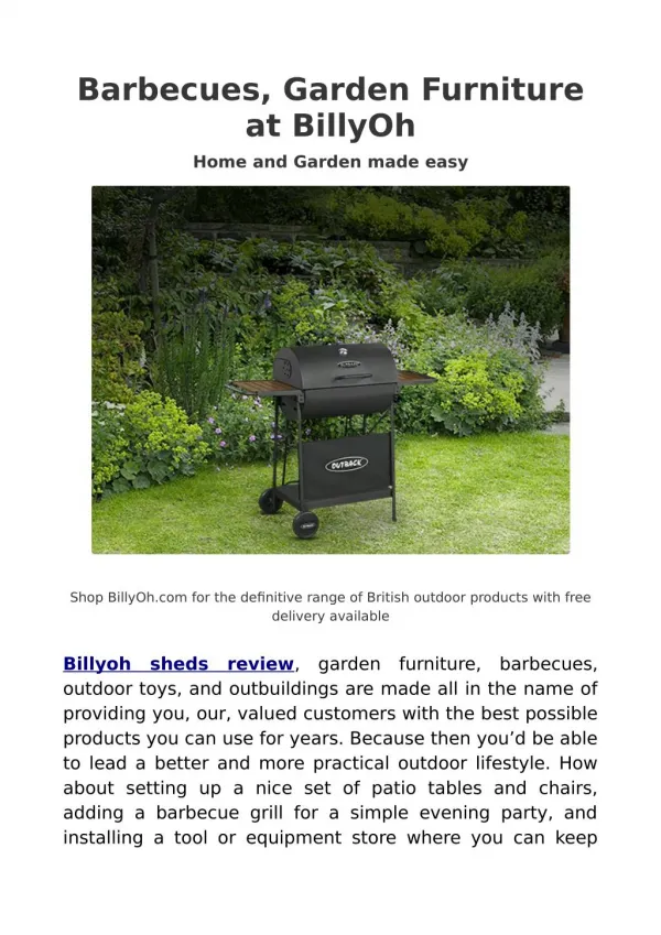 Billyoh Sheds Review - Garden furniture, Barbecues and Outdoor toys