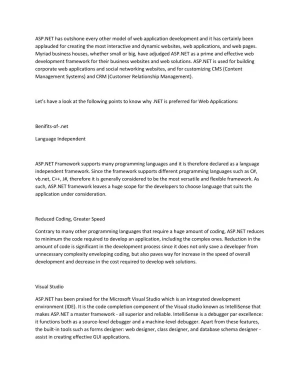 Gauging the Benefits of using .NET for Web Applications