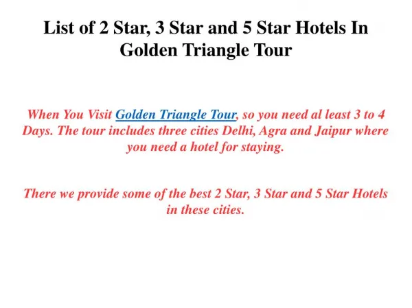 List of Hotels In Golden Triangle Tour
