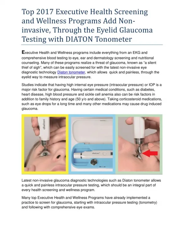 Top 2017 Executive Health Screening and Wellness Programs Add Non-invasive, Through the Eyelid Glaucoma Testing with DI