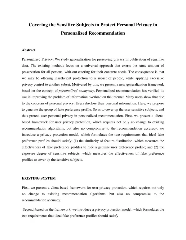 Covering the Sensitive Subjects to Protect Personal Privacy in Personalized Recommendation