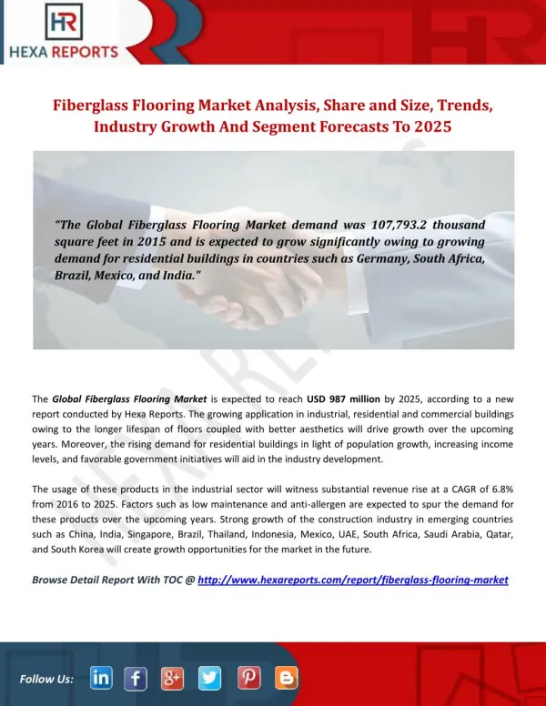 Fiberglass Flooring Market Insights, Analysis And Overview To 2025: Hexa Reports