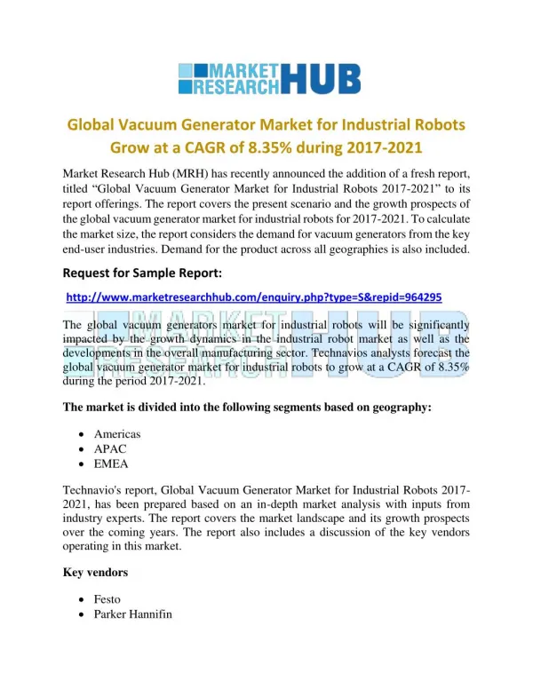 Global Vacuum Generator Market for Industrial Robots Market Report