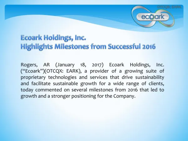 Ecoark Holdings, Inc. Highlights Milestones from Successful 2016