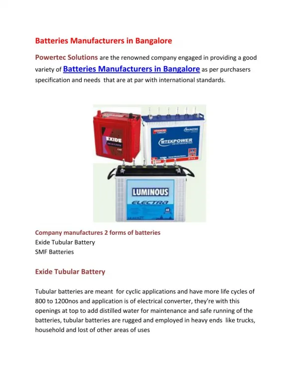 Batteries Manufacturers in Bangalore