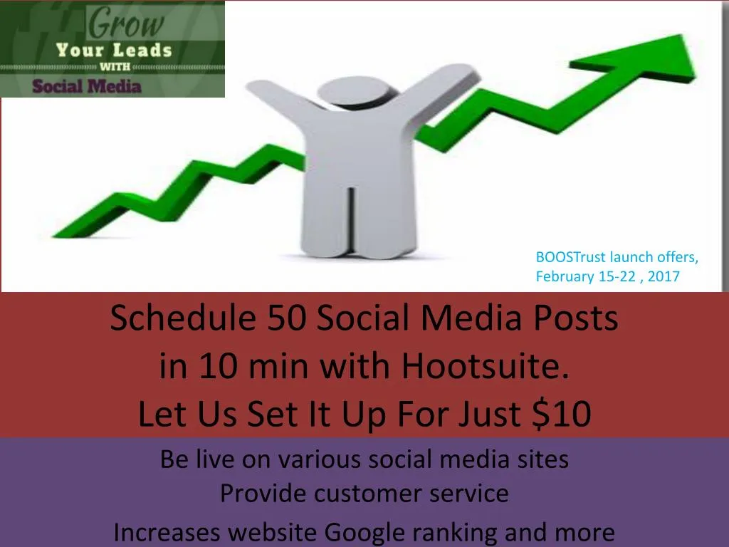 schedule 50 social media posts in 10 min with hootsuite let us set it up for just 10