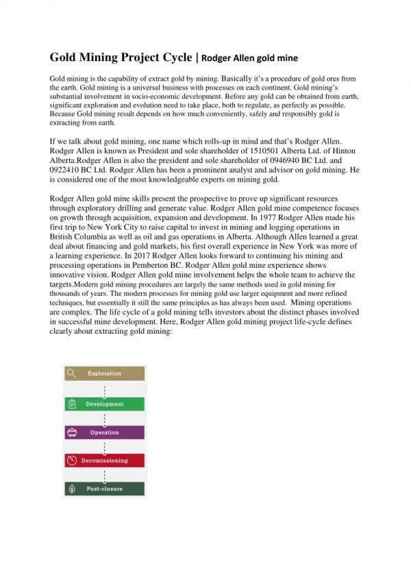 Approach | Gold Mining Project Cycle |Rodger Allen Gold Mine