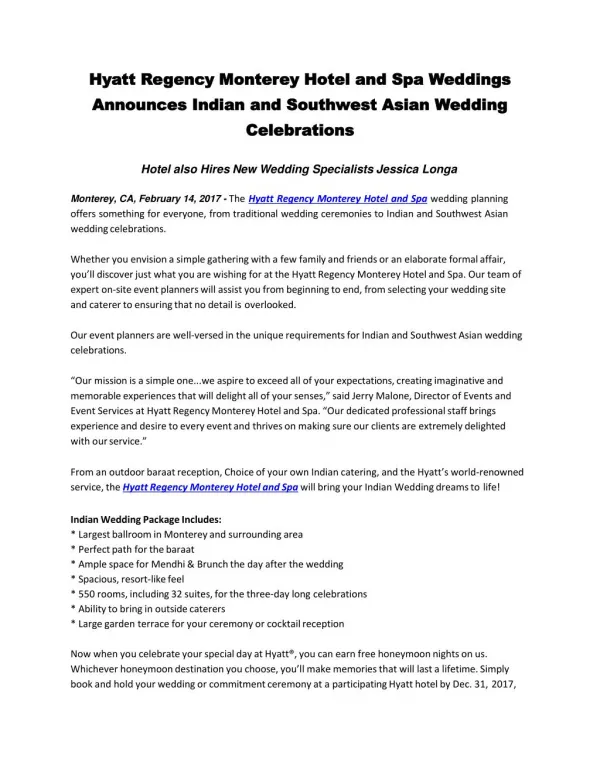 Hyatt Regency Monterey Hotel and Spa Weddings Announces Indian and Southwest Asian Wedding Celebrations