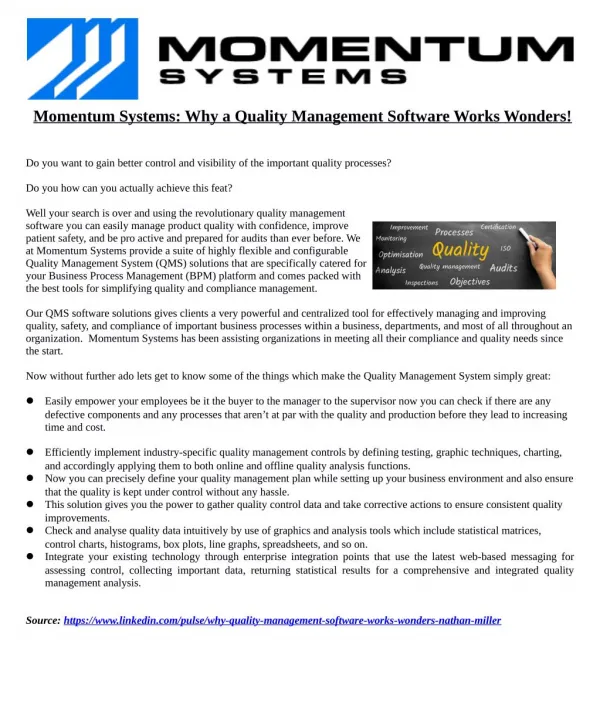 Momentum Systems: Why a Quality Management Software Works Wonders!