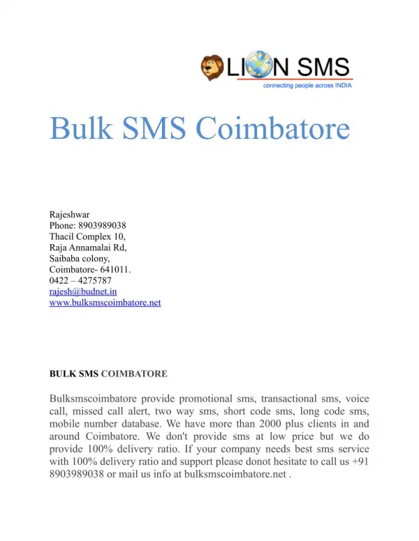Bulk SMS Promotional SMS Transactional SMS - bulksmscoimbatore.net
