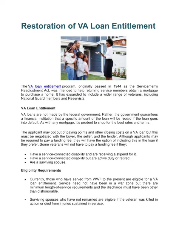 Restoration of VA Loan Entitlement