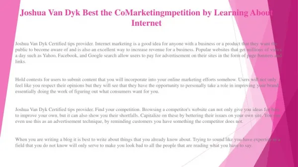 Joshua Van Dyk Helpful Hints for Internet Marketing Success Today