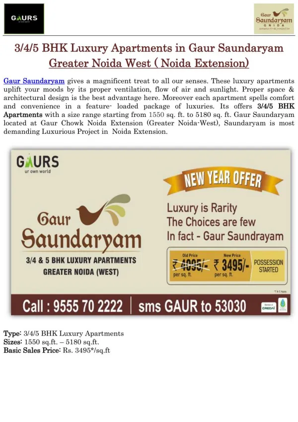 3/4/5 BHK Luxury Apartments in Gaur Saundaryam Greater Noida West(Noida Extension)